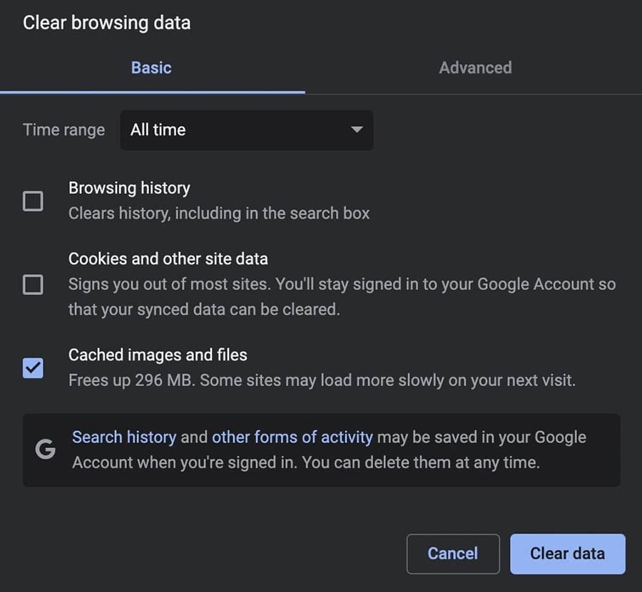 Clearing cached images and files in Google Chrome.