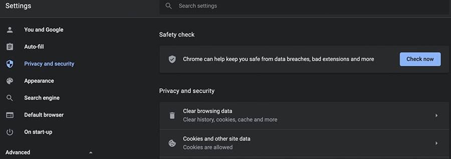 Accessing browser privacy and security settings in Google Chrome.