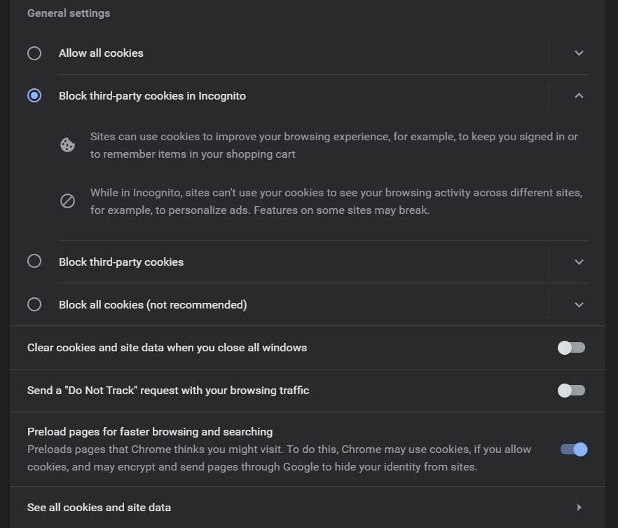 General settings for cookies in Google Chrome.