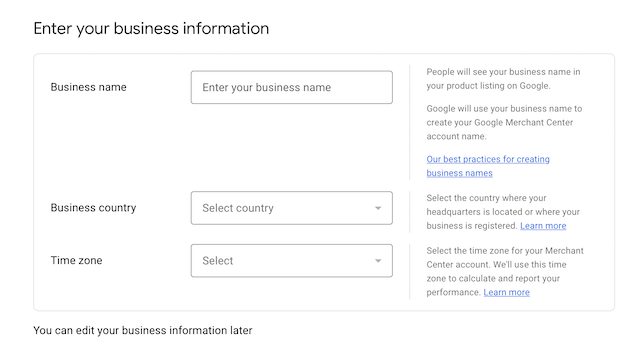 Enter business information in Google Merchant Center