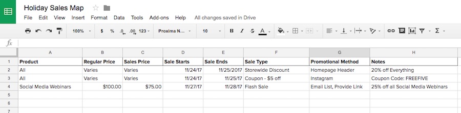 Holiday sales map spreadsheet. 