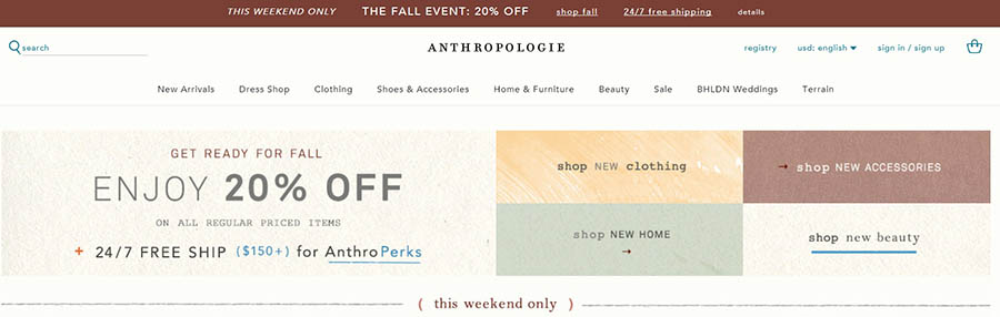 Anthropologie website homepage showing discounts. 