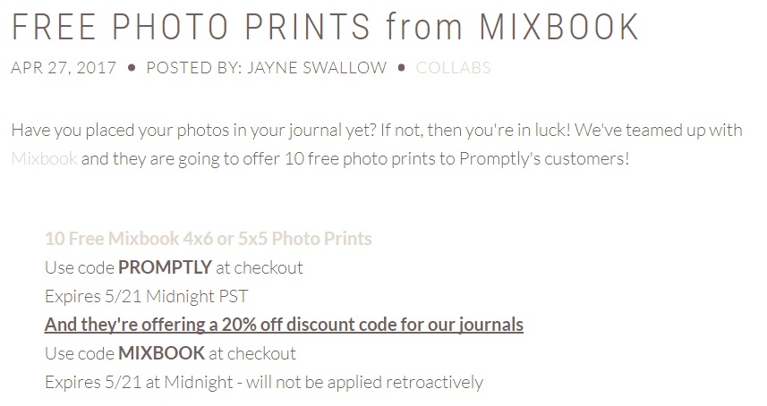 Free photo prints offer from Mixbook. 