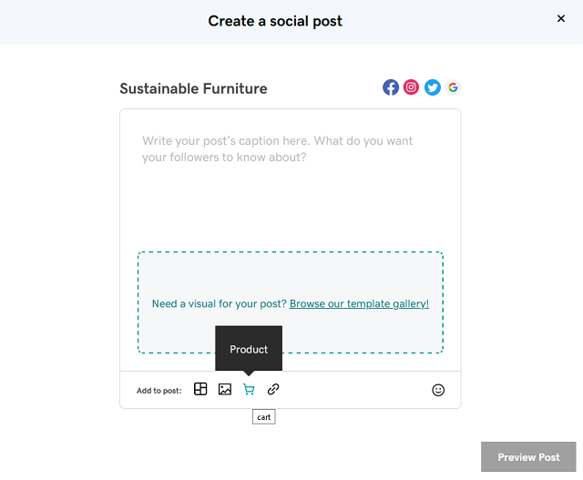Social post creation page in Websites + Marketing Ecommerce