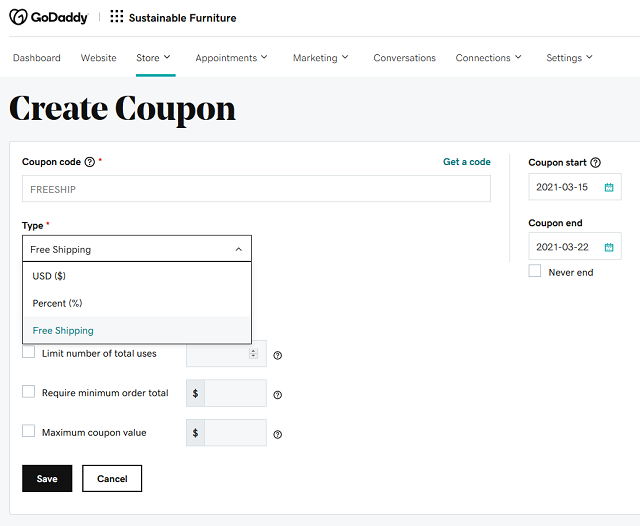 Create coupon page and associated options