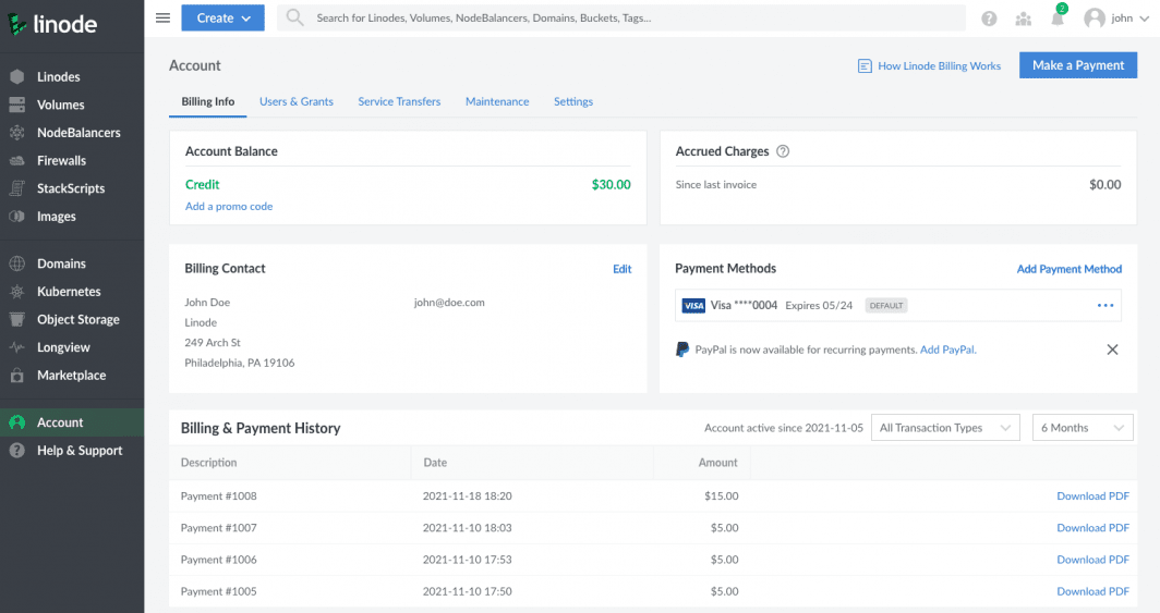 Screenshot of account Billing Info in Linode Cloud Manager with new option to add PayPal. 